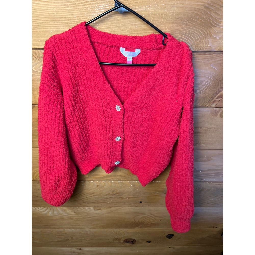 No Boundaries Red Cropped Chenille Cardigan with Rhinestone Buttons Medium Party